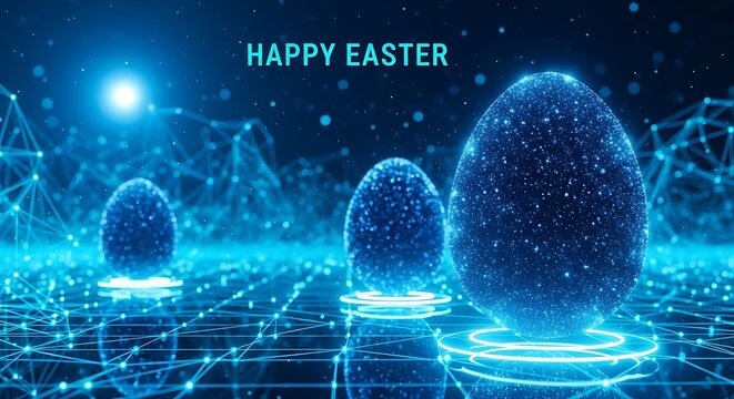 Happy easter monday wishes with glowing blue eggs in space