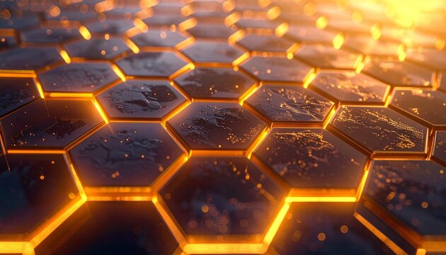 Close-up glowing honeycomb structure with warm light and geometric perfection