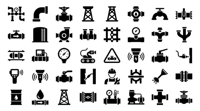 Collection of industrial pipeline and oil gas industry icons representing infrastructure equipment and engineering processes