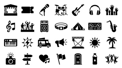 Collection of music festival icons and symbols representing live performance entertainment and outdoor event elements © Iconique Studio