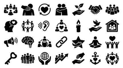 Fototapeta premium Collection of diverse human connection and community icons symbolizing teamwork support care unity and collaboration in a modern graphic style