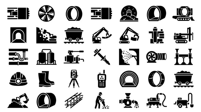 Collection of construction and mining industry icons representing heavy machinery, safety equipment, and infrastructure elements for engineering and building projects