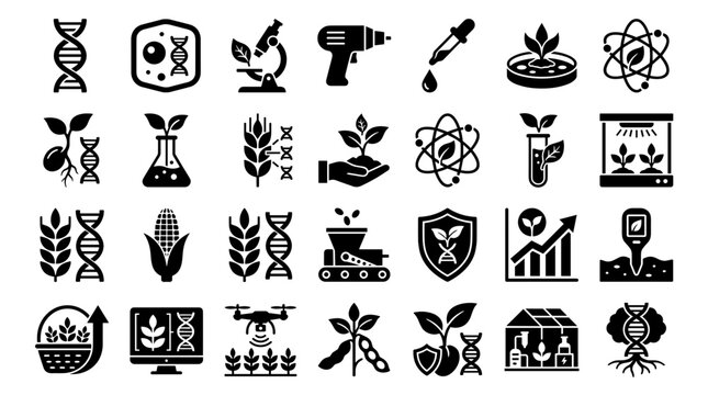 Modern agriculture technology icons representing innovation in farming and biotechnology research for sustainable food production
