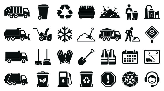 Collection of icons representing waste management services snow removal and public works operations including trucks equipment and personnel