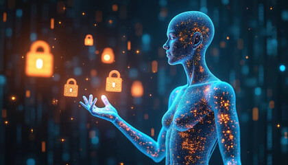 Naklejka premium Digital human interacts with glowing padlock icons. Data streams flow around the illuminated figure against a dark futuristic background. Security and information exchange concepts are visualized.