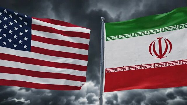 Flags of the United States and Iran Waving Under a Dark, Stormy Sky, Symbolizing Complex International Relations and Geopolitical Tensions Between the Two Nations