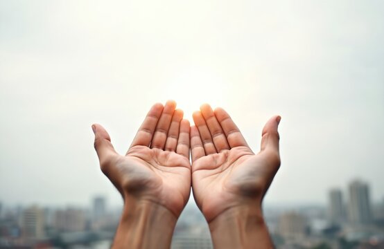 Hands open upwards reaching for bright sunlight, city buildings blur below. Gesture conveys hope faith prayer spiritual seeking, asking for divine intervention blessing. Open palms symbol offering