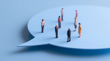 Obraz premium Diverse Miniature People Figures Gather on a Large Blue Chat Bubble, Symbolizing Communication, Discussion, and Social Interaction Network