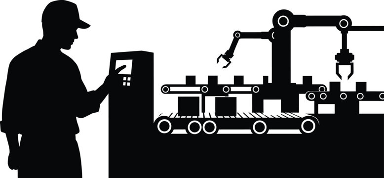 Vector factory worker silhouette operating machinery in industrial setting