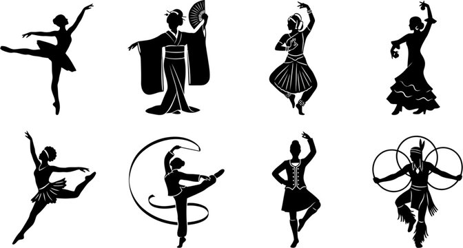 Collection of diverse dancers in silhouette, showcasing various dance styles and cultural attire.