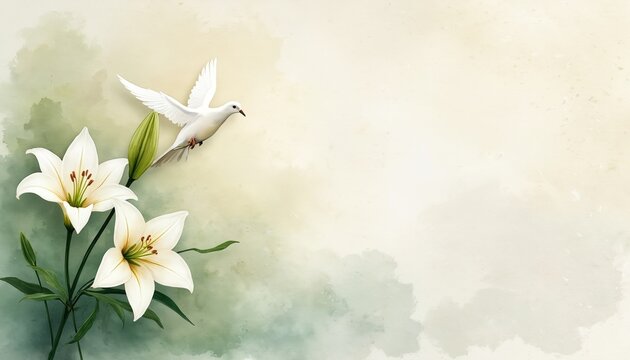 White dove flies near blooming lilies. Peaceful spiritual image with soft watercolor background. Elegant funeral memorial card art, calm tribute for loss and remembrance.