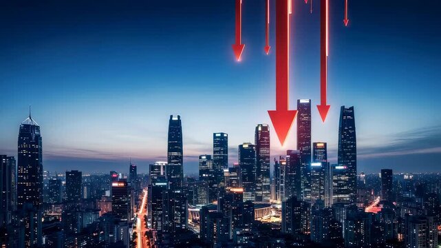 Red arrows crashing over city skyline. Economic crisis and financial market decline concept. Depiction of inflation and recession affecting urban business district.