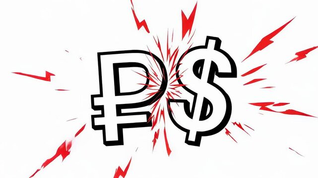 Ruble and dollar symbols colliding with red lightning representing economic tension. Financial conflict and currency war concept for global market market instability.