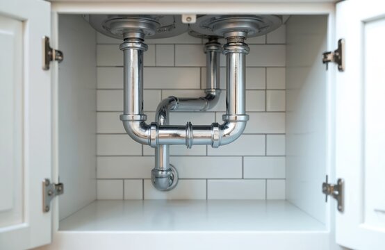 Shiny chrome pipes connect under white kitchen sink. P-trap plumbing system visible behind subway tile backsplash. Underside view of modern home interior cabinet.