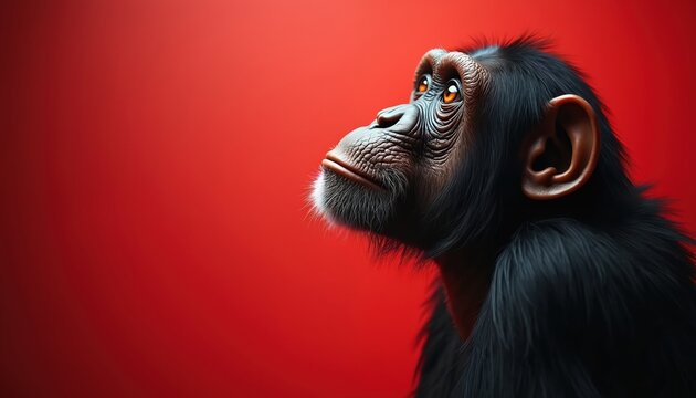 Chimpanzee face profile looking up against red. Close-up animal portrait with dark fur. Intelligent primate with expressive eyes, a symbol of nature and evolution.
