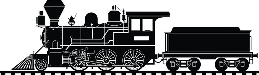 steam locomotive train silhouette flat vector illustration, vintage railway engine design, classic transportation concept, isolated on white background © Rana