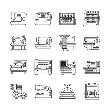 Sewing Machine Icons Collection Tailor Equipment Flat Design Textile Industry Vector Graphics