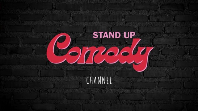 Flickering Neon Stand Up Comedy Channel Sign on Dark Brick Wall Background
