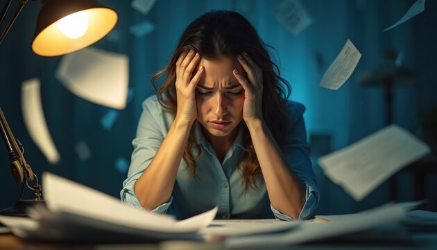 Young woman stressed, holding head, papers fly around desk. Overworked employee frustrated by too much work, feeling pressure, late night. Business problem, deadline stress.