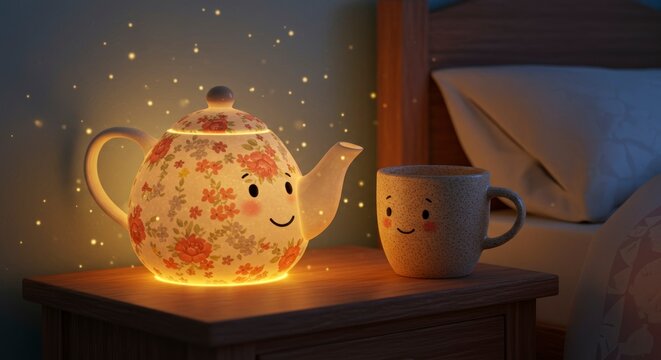Charming teapot and cup with smiling faces on a nightstand