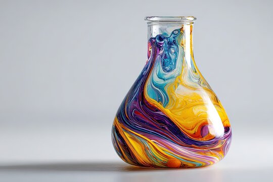 A vibrant Erlenmeyer flask displays a swirl of vivid acrylic paints, an artistic exploration of color and form, capturing the essence of an unconventional painting.
