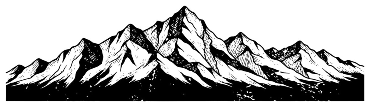 Hand drawn mountain range vector illustration in vintage sketch style