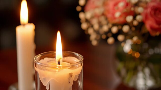 Two burning candles and a bouquet of pink roses in a glass vase on a wooden table