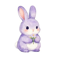 Fototapeta premium Cute purple rabbit illustration holding a small flower, featuring large ears and a fluffy body, set against a clean white background for design purposes