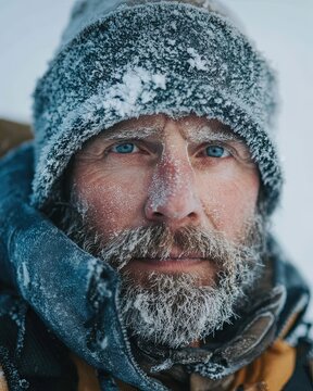 A rugged explorer's face, etched with the stories of the wild, bears the mark of extreme weather conditions and unwavering resolve. His eyes reflect a steely determination.