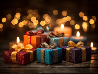 Fototapeta premium Colorful Gift Boxes Arranged on a Wooden Table With Candle Light in the Background During a Celebration