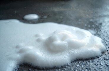 Obraz premium White car wash soap suds create abstract patterns as they drain across a textured wet floor. The bubbly foam flows creating interesting textures and fluid shapes.