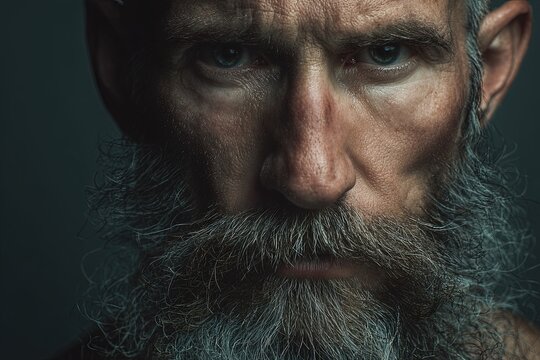 A striking close-up of a weathered, bearded man's intense gaze, highlighting the raw textures of his face and the depth of his expression.