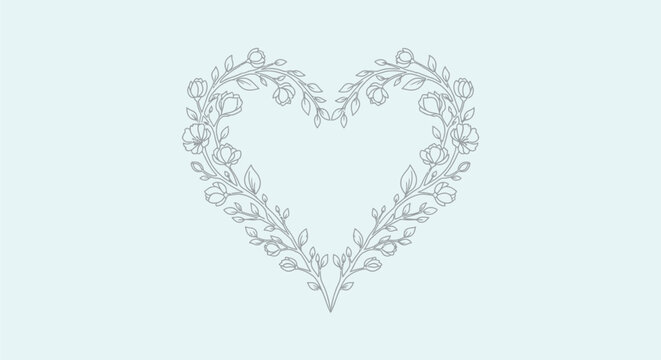 Elegant black and white line art illustration of blooming floral branches elegantly forming a delicate heart shape outline drawing