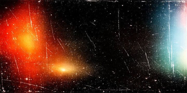 Abstract cosmic space background with vintage film scratches and light leaks