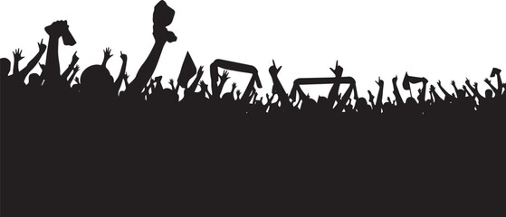 Crowd silhouette of cheering fans at a concert or stadium, black and white audience vector, people with raised hands and scarves at a sports event © Muhammad