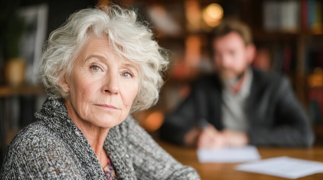 Grandmother Discusses Grandparent Visitation Rights During Legal Consultation in a Warm Office Setting With Her Attorney Present