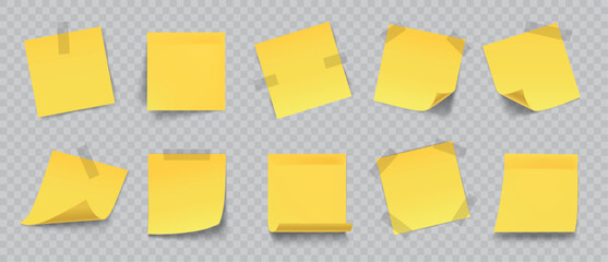 Yellow paper notes. 3D realistic sticky notes, blank memo papers for reminders, office messages organization. Vector isolated set