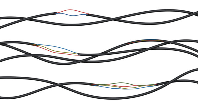 3d power cables. Realistic electric wires, broken and torn energy cables isolated vector set