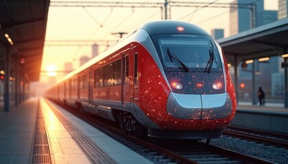 Fototapeta premium Modern red train arrives at station platform during sunset golden hour. High speed rail transports passengers through cityscape. Futuristic technology integrates with transport.