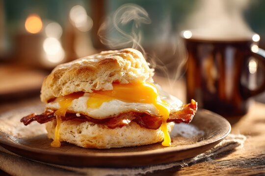 Flaky butter biscuit with crispy bacon and egg for a hearty breakfast