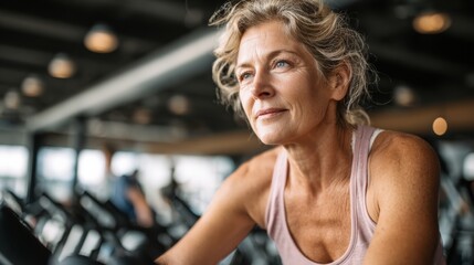 Fototapeta premium Older Woman on a Stationary Bike in Modern Gym Showing Focus and Determination During Fitness Activity at a Premium Health Space