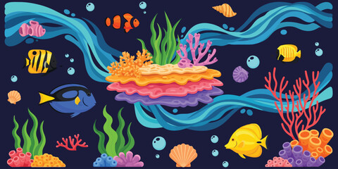 Fototapeta premium Vibrant colorful coral reef with tropical fish and sea anemones in dark blue ocean water environment scene