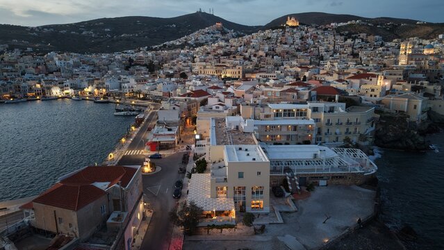 SYROS-ERMOUPOLI, GREECE - JAN 4, 2026: Christmas Aerial of Coastal Road