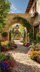 Naklejka premium Sunny Mediterranean courtyard with stone pathway, rustic houses and vibrant flowering plants in terracotta pots.