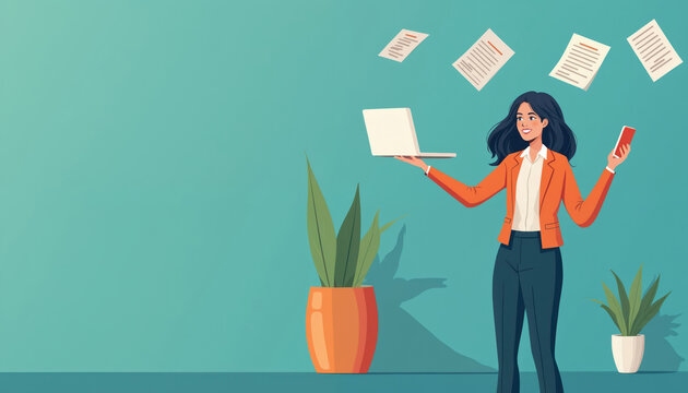 Woman juggles laptop phone papers. She works efficiently managing many tasks. Businesswoman is productive with her career and professional goals. She balances her workload expertly.