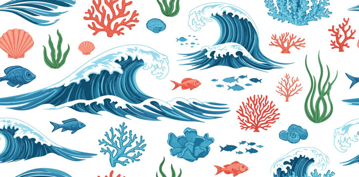 Vibrant ocean wave and coral reef illustration with colorful fish sea creatures on white background