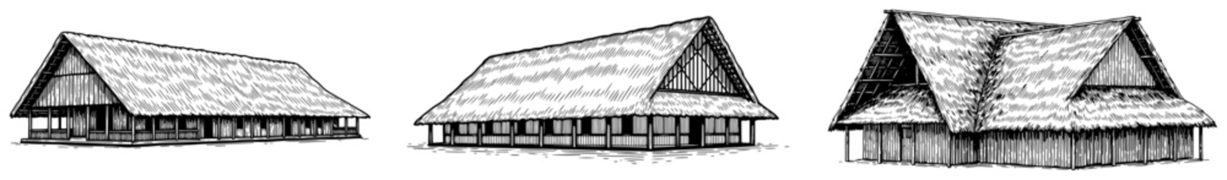 Set of thatched village houses drawn in ink engraving style
