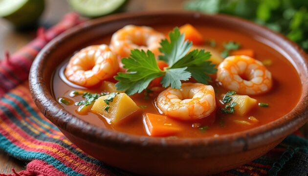 Mexican shrimp soup in rustic clay bowl with potato, carrot, cilantro garnish. Savory tomato broth, lime wedge nearby. Traditional seafood stew.