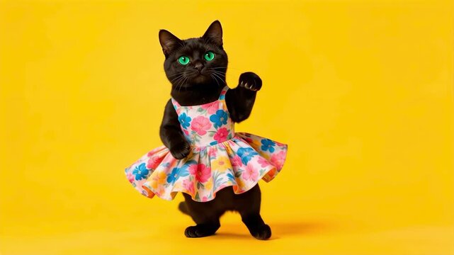 Black cat with green eyes wearing a colorful floral dress on a bright yellow background, suitable for pet adoption, animal fashion, spring themes, cheerful designs, and playful promotions.