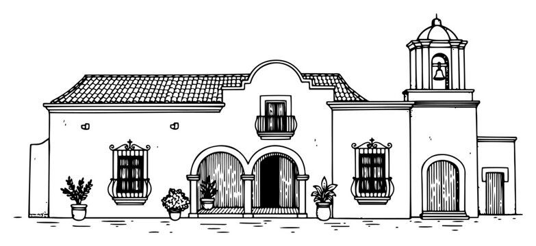 Hand drawn Spanish colonial hacienda mission building black and white vector illustration